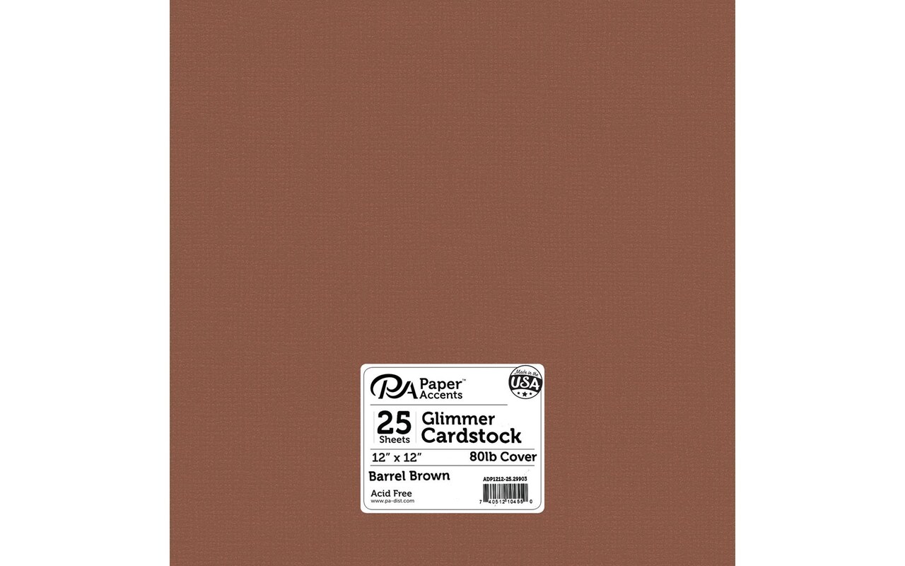 PA Paper Accents Glimmer Cardstock 12" x 12" Barrel Brown, 80lb colored cardstock paper for card making, scrapbooking, printing, quilling and crafts, 25 piece pack